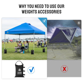 CROWN SHADES portable weights help stabilize tents on uneven ground.