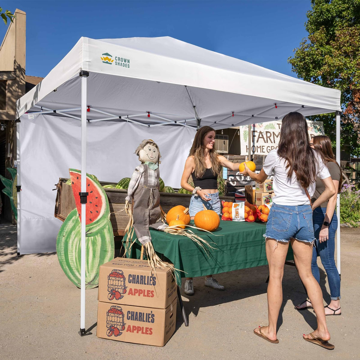 CROWN SHADES SunWall sidewall fits standard 10x10 and 10x20 pop-up canopies.