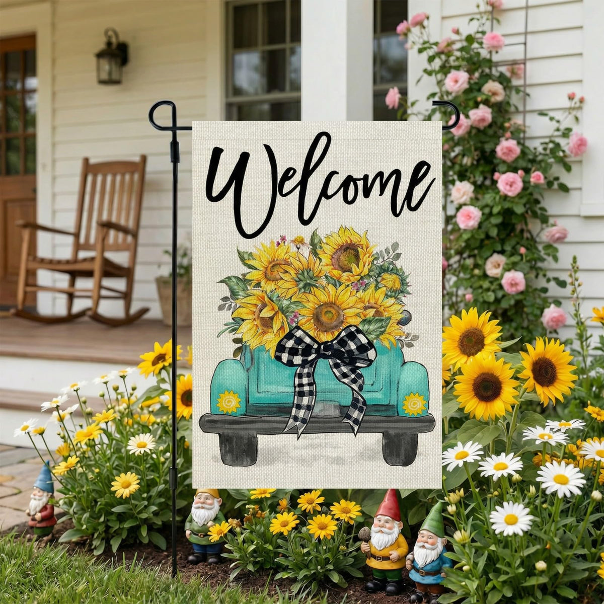 CROWNED BEAUTY burlap-look garden flag adds rustic charm to porch.