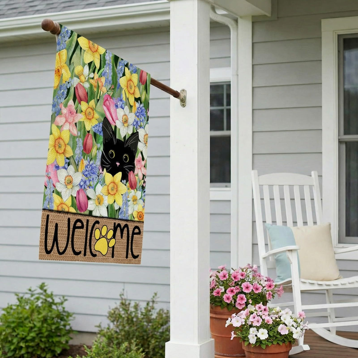 CROWNED BEAUTY burlap-look outdoor flag adds rustic charm to any porch.