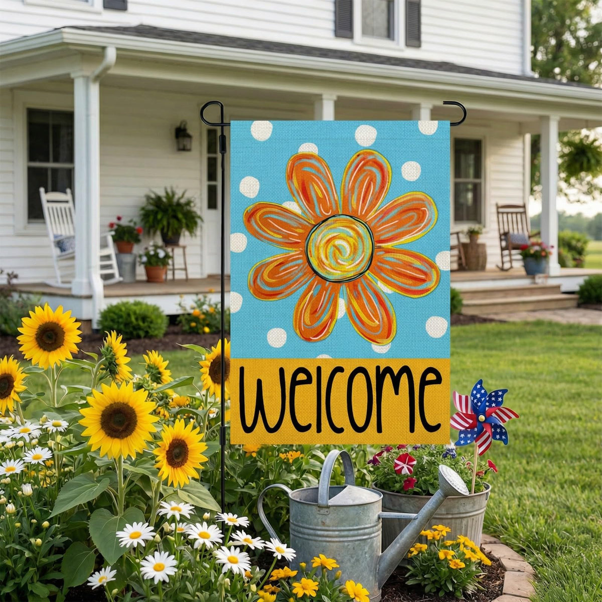 CROWNED BEAUTY burlap-texture fabric flag built to endure sun and rain with color retention.
