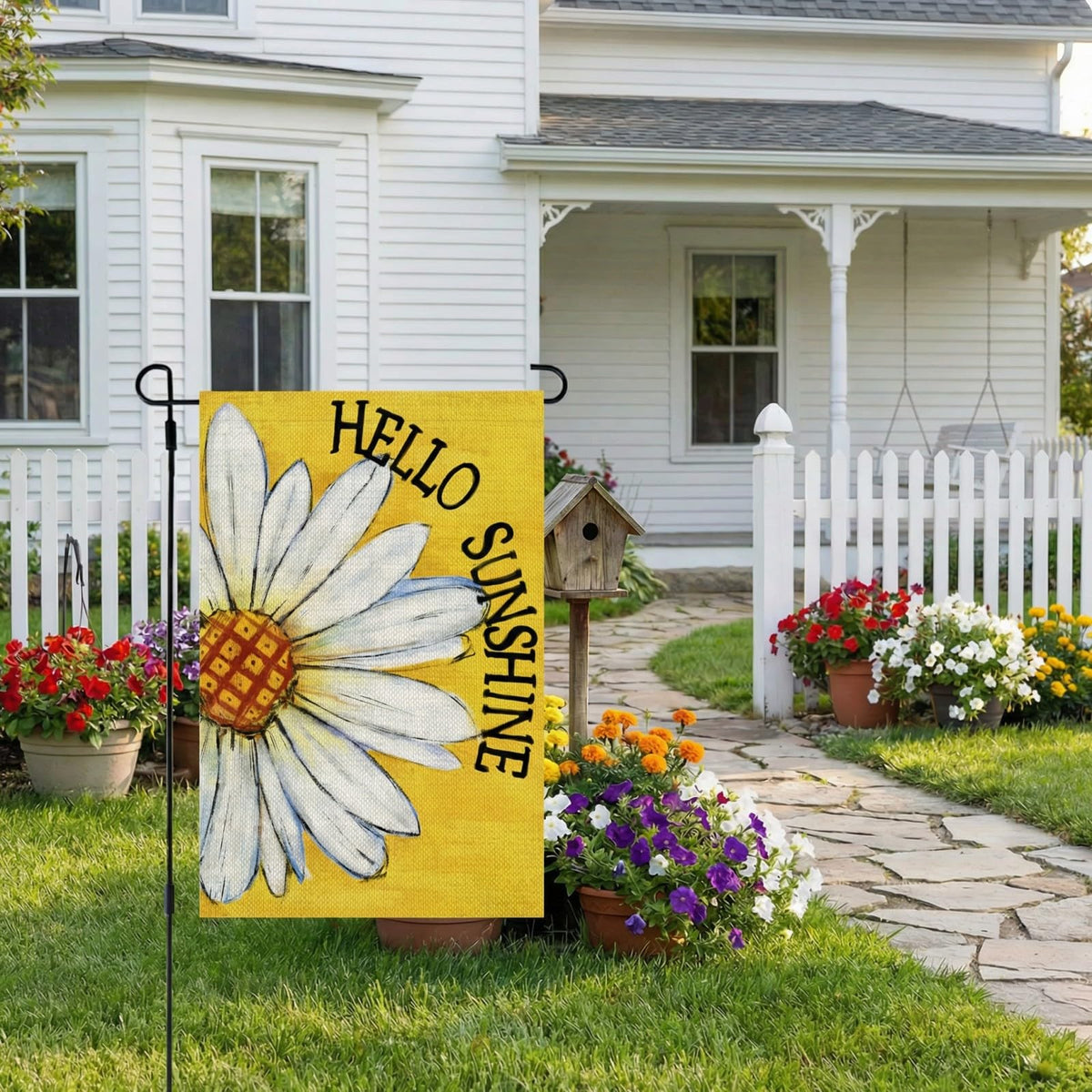 CROWNED BEAUTY Burlap-textured Polyester Flag withstands weather while keeping colors vibrant.