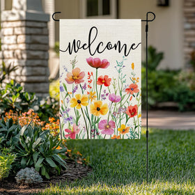 CROWNED BEAUTY double-sided print flag visible from both angles on porches or yards.