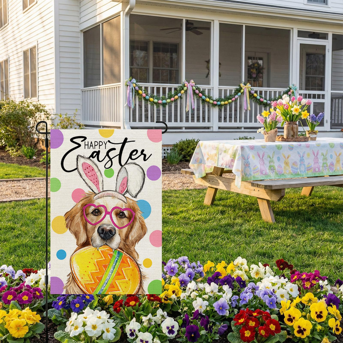CROWNED BEAUTY Easter flag double-sided artwork, visible from both directions.