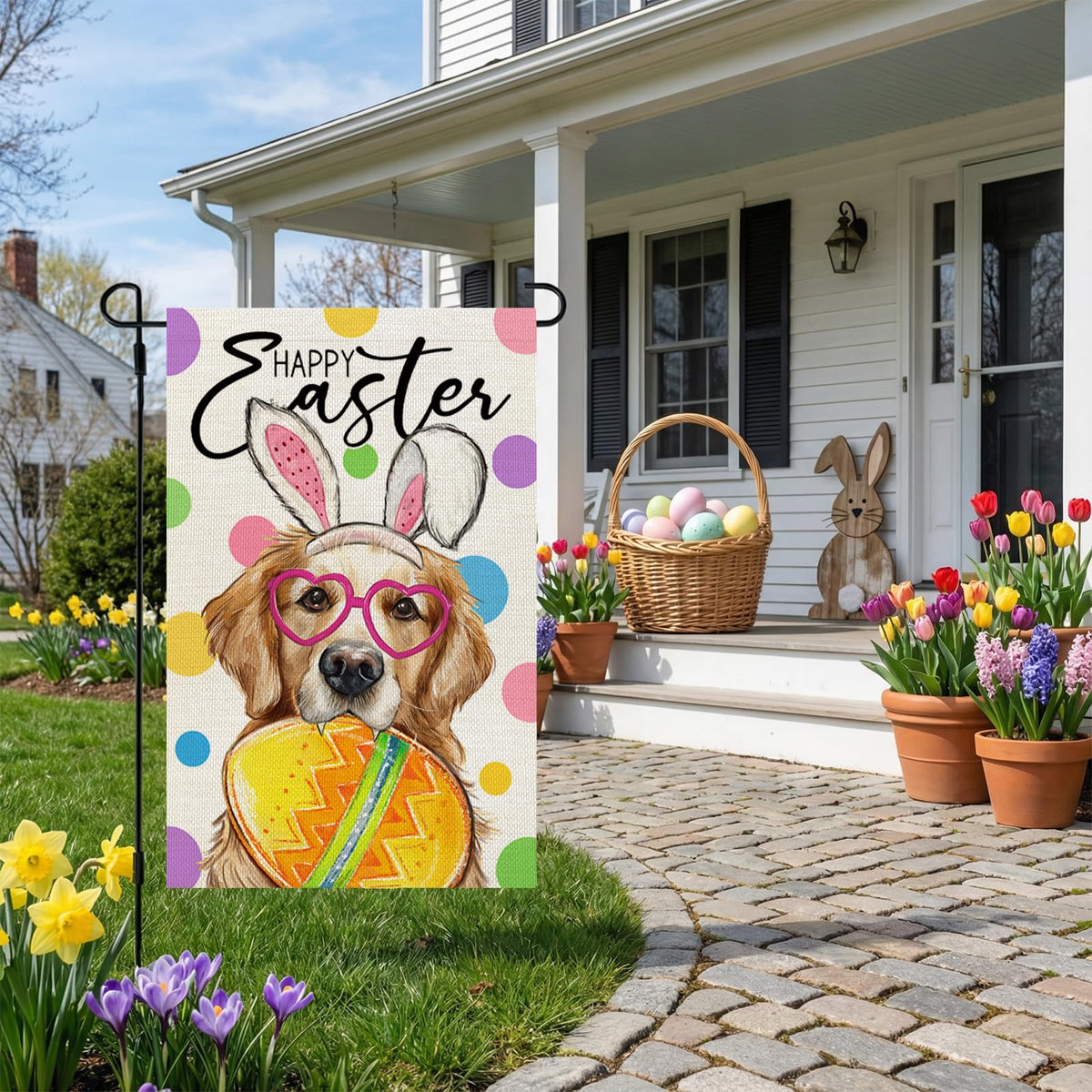 CROWNED BEAUTY Easter flag with eggs and florals, vibrant colors for yard appeal.