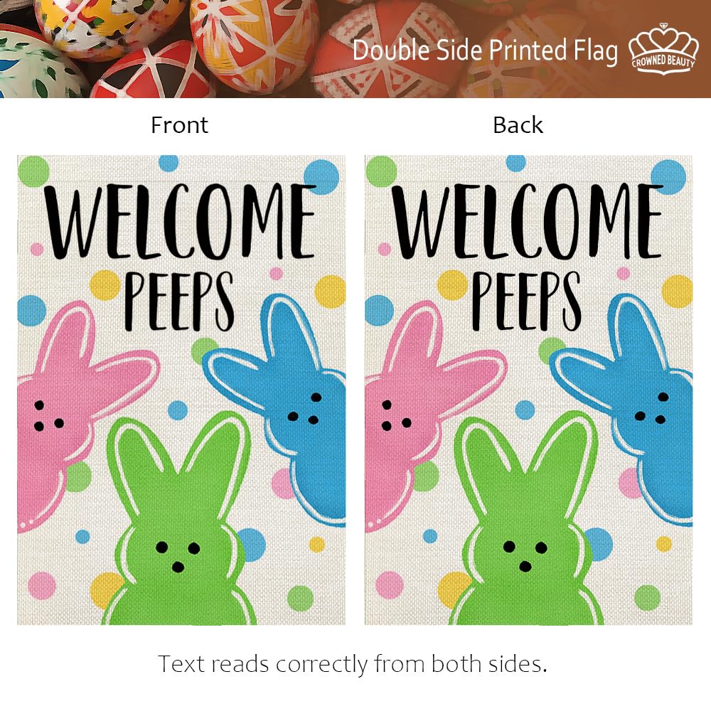 CROWNED BEAUTY Easter flag in outdoor yard display, welcome message visible.