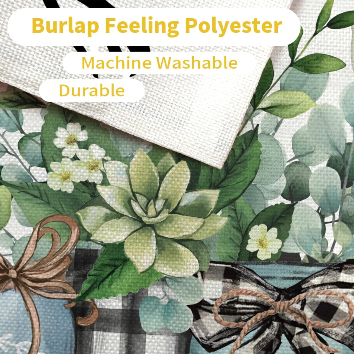 CROWNED BEAUTY floral and eucalyptus motif fits seasonal decor.