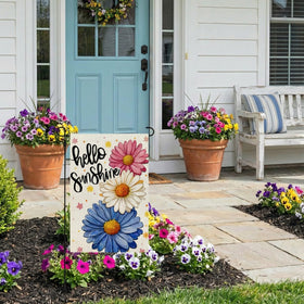 CROWNED BEAUTY Hello Sunshine flag in burlap texture for outdoor durability.