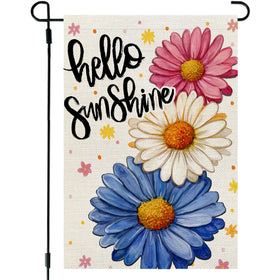 CROWNED BEAUTY Hello Sunshine flag, daisy front view, adds porch charm.