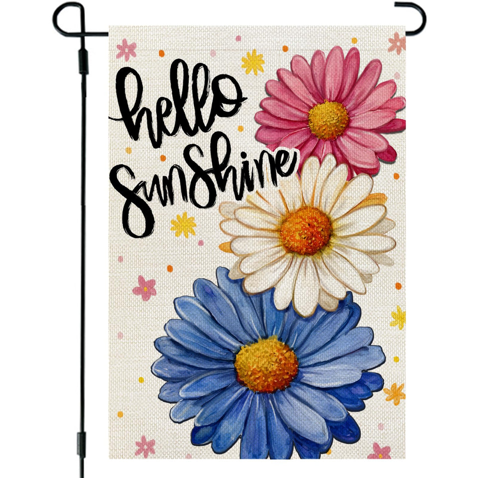 CROWNED BEAUTY Hello Sunshine flag, daisy front view, adds porch charm.