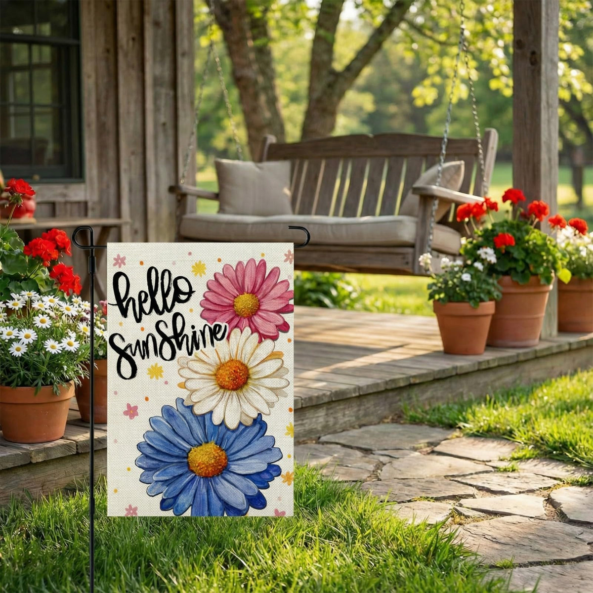 CROWNED BEAUTY Hello Sunshine flag, UV-resistant fabric preserves color outdoors.