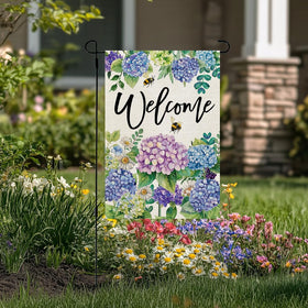 CROWNED BEAUTY Hydrangea close-up flag showing vibrant colors and durable material.