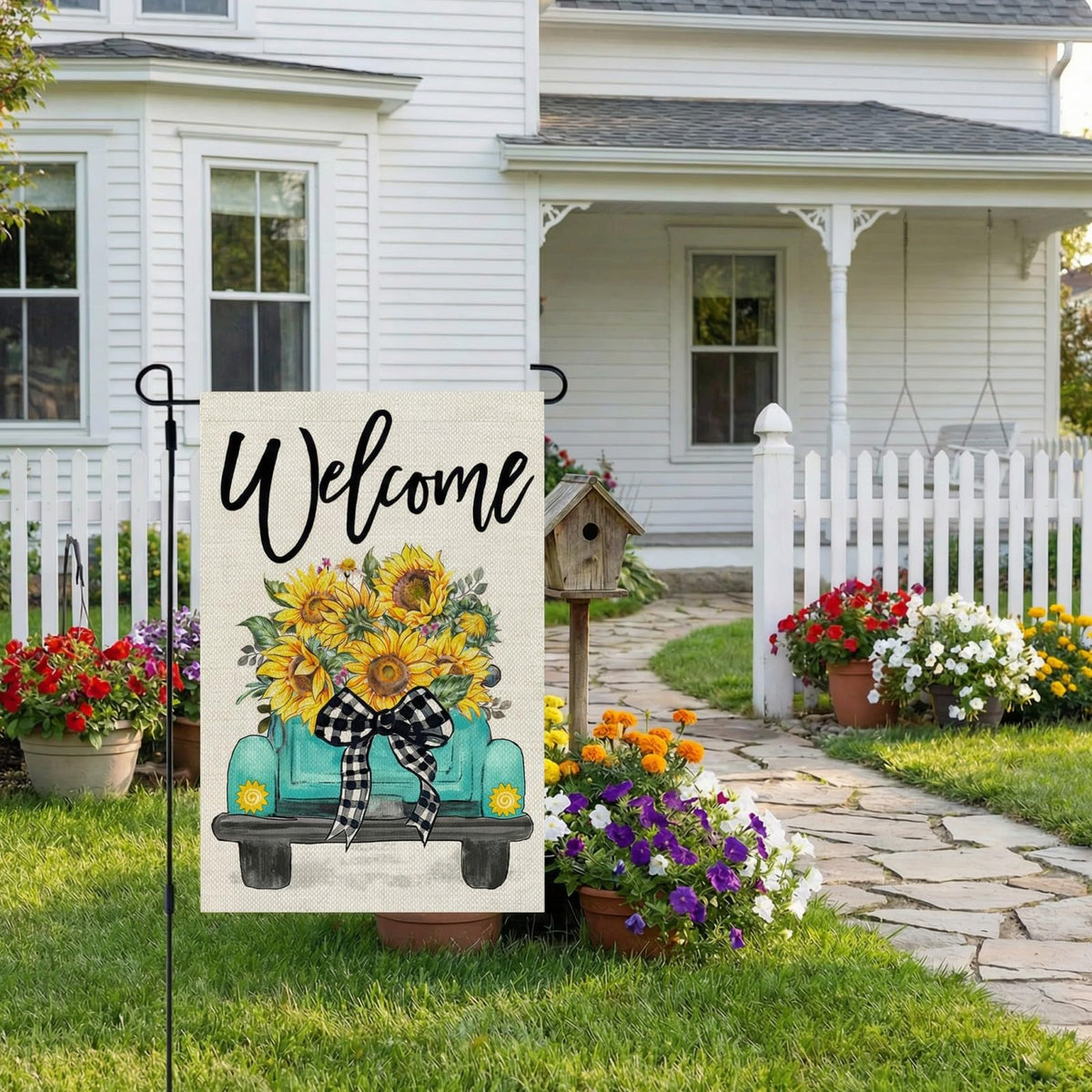 CROWNED BEAUTY weather-resistant flag maintains color in sun and rain.