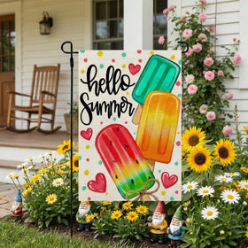 CROWNED BEAUTY popsicles garden flag back view, double-sided design for visibility from multiple angles.
