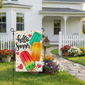 CROWNED BEAUTY popsicles garden flag close-up, colorful details brighten patios and porches.