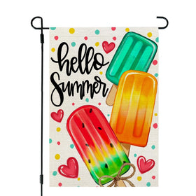CROWNED BEAUTY popsicles garden flag front view, vibrant colors to warmly welcome summer outdoors.
