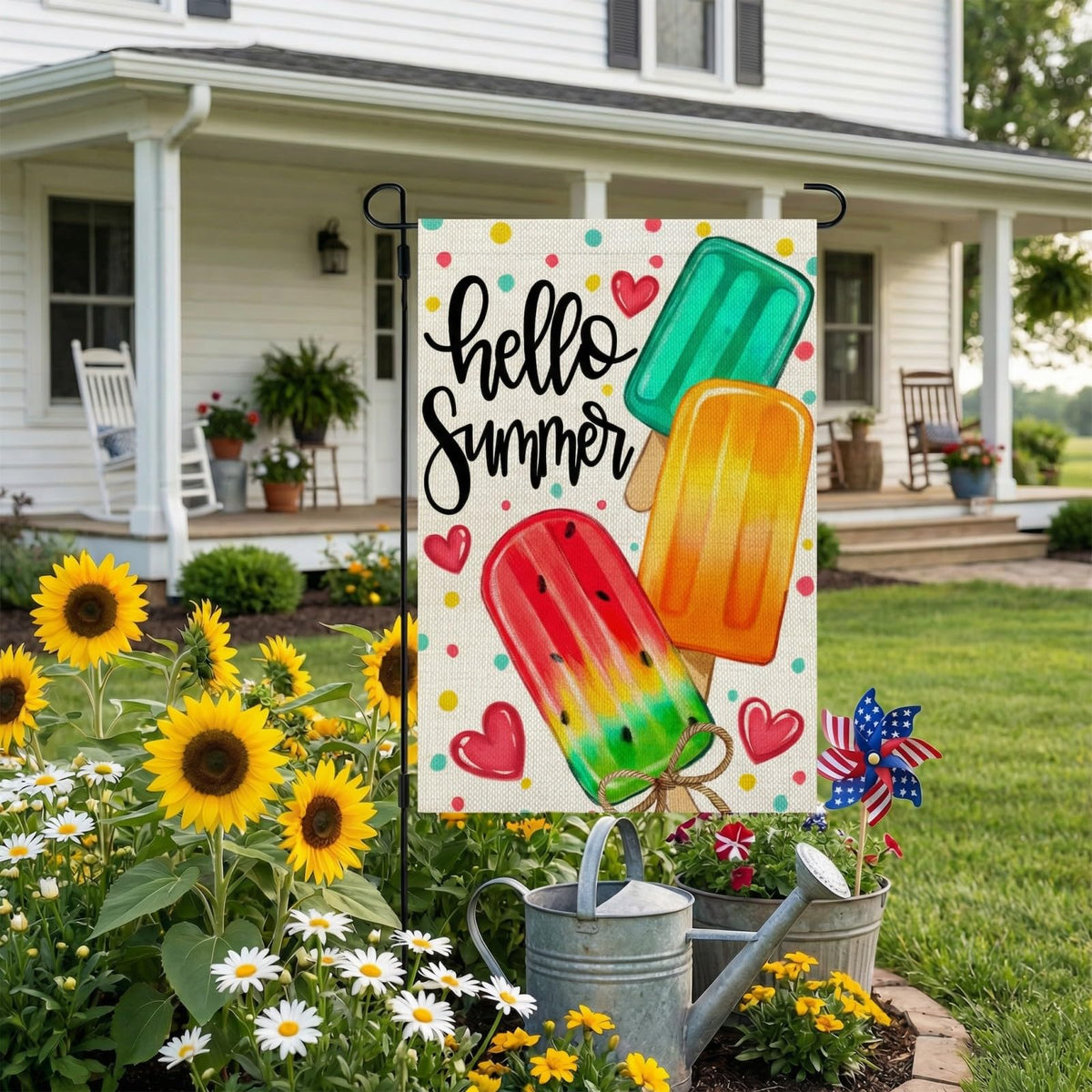 CROWNED BEAUTY popsicles garden flag with hearts and dots adds festive outdoor charm.