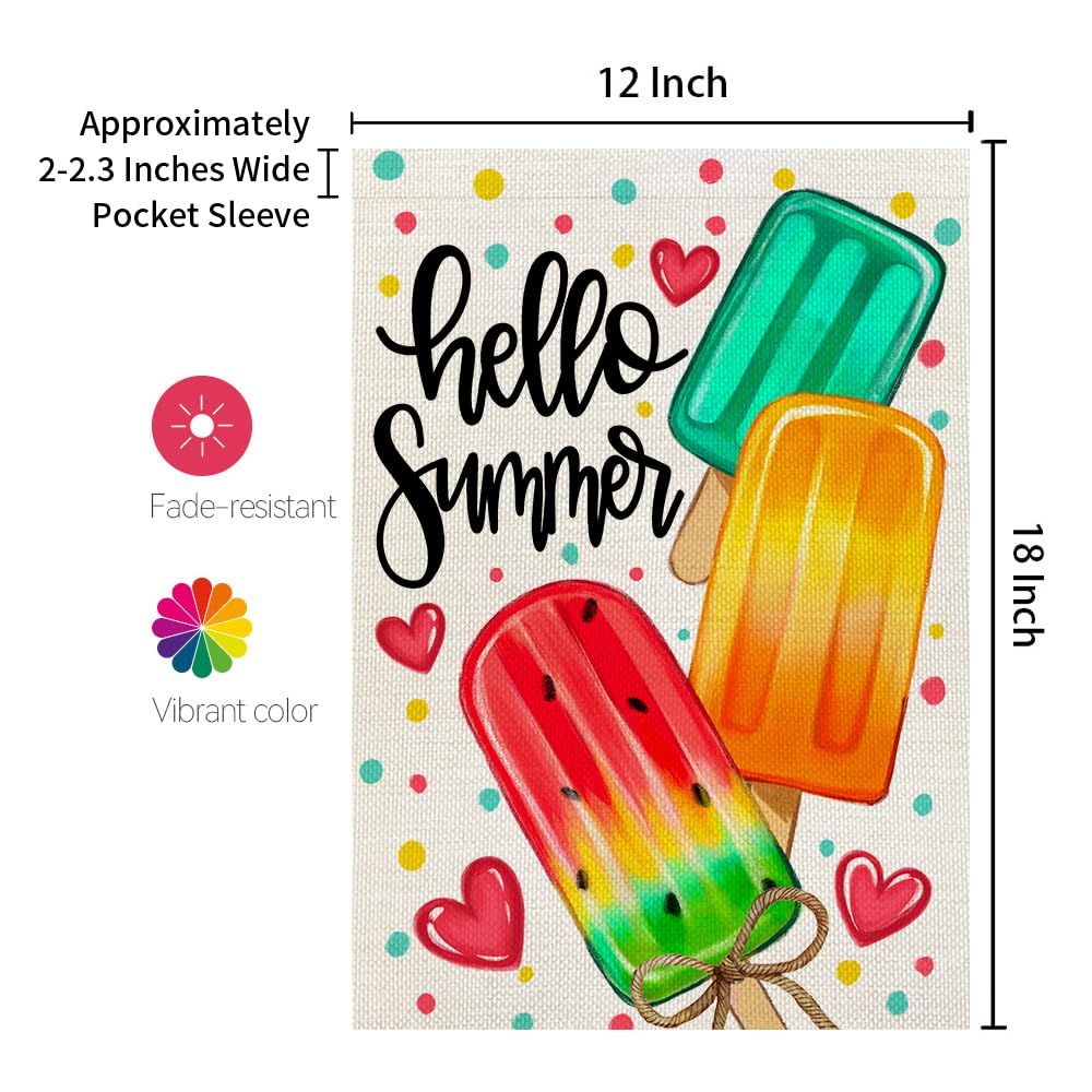 CROWNED BEAUTY popsicles garden flag in outdoor setting, weather-resistant for sun and rain.