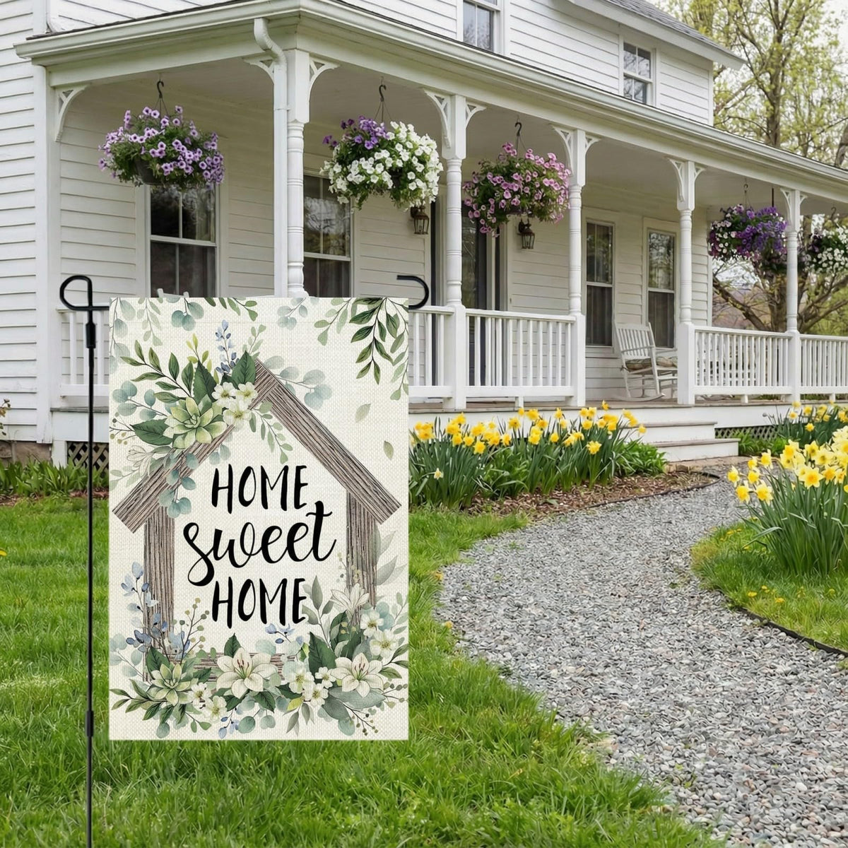 CROWNED BEAUTY spring flag with butterflies creates a welcoming outdoor mood