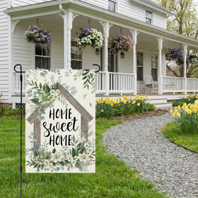 CROWNED BEAUTY spring flag with butterflies creates a welcoming outdoor mood