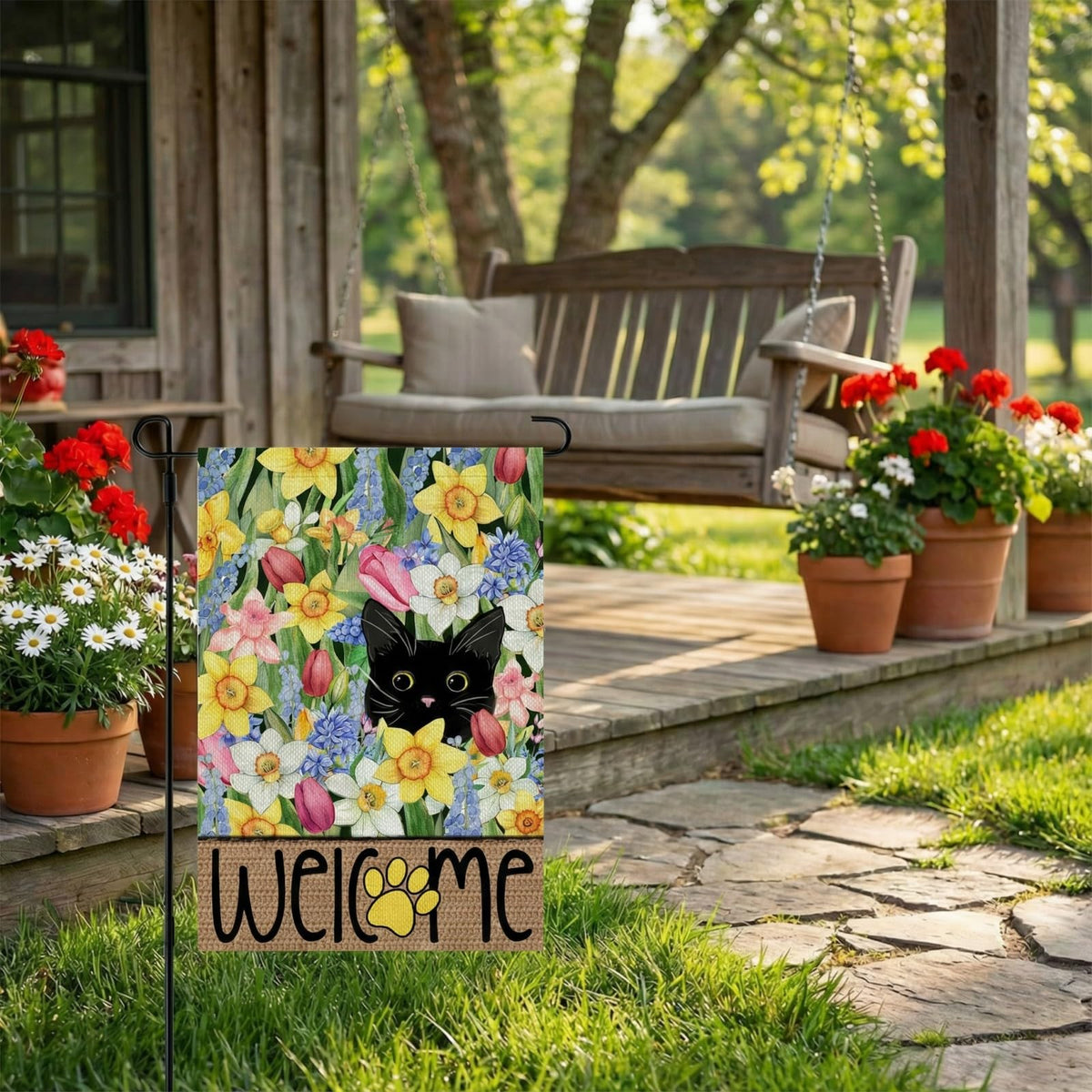 CROWNED BEAUTY flag with birds and bees details, ideal for garden entryways.