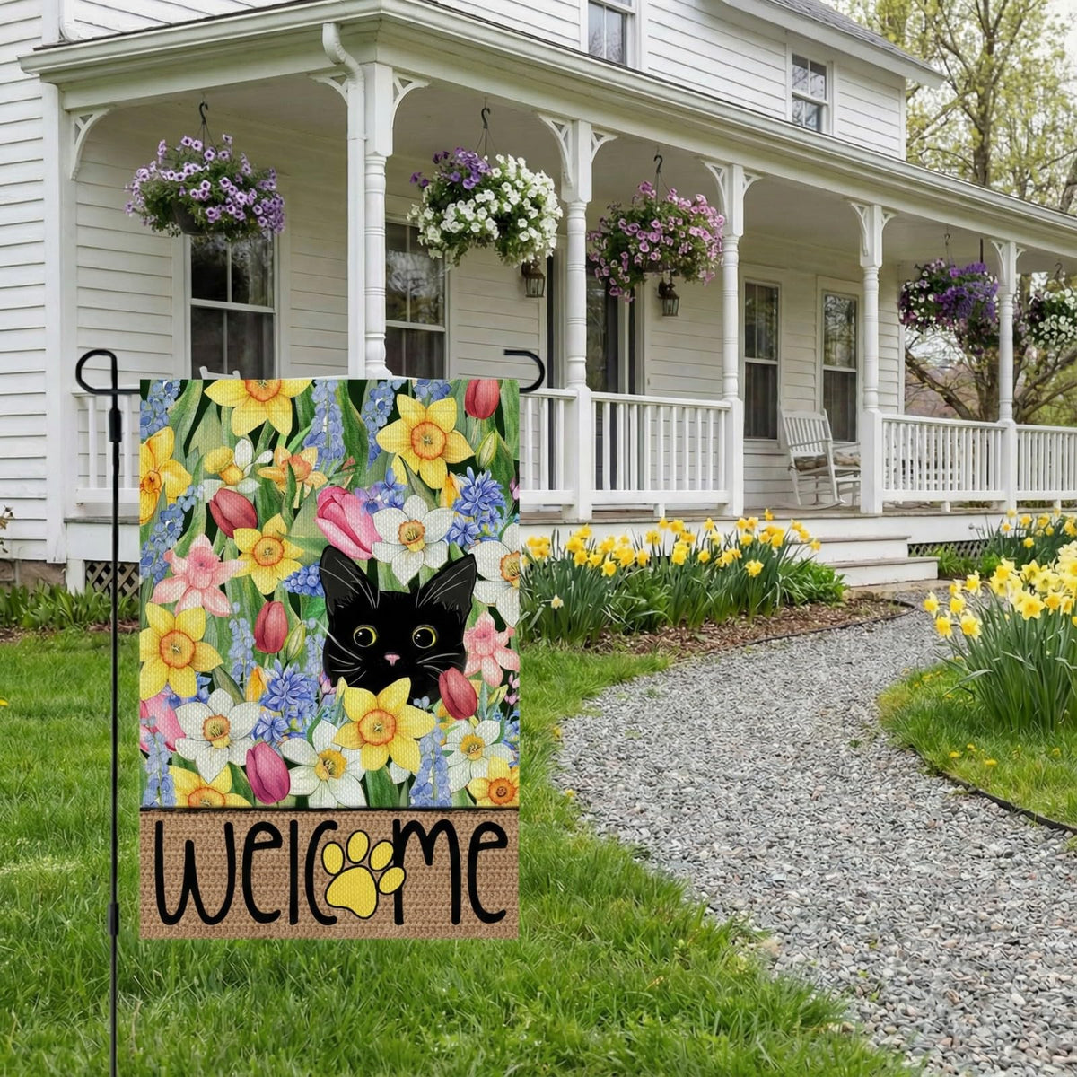 CROWNED BEAUTY spring flag showcases floral butterflies for garden ambiance.