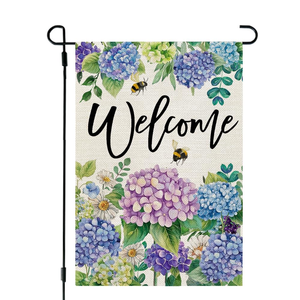 CROWNED BEAUTY Hydrangea garden flag front view, durable outdoor decor for a cheerful spring entry.