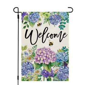 CROWNED BEAUTY Hydrangea garden flag front view, durable outdoor decor for a cheerful spring entry.