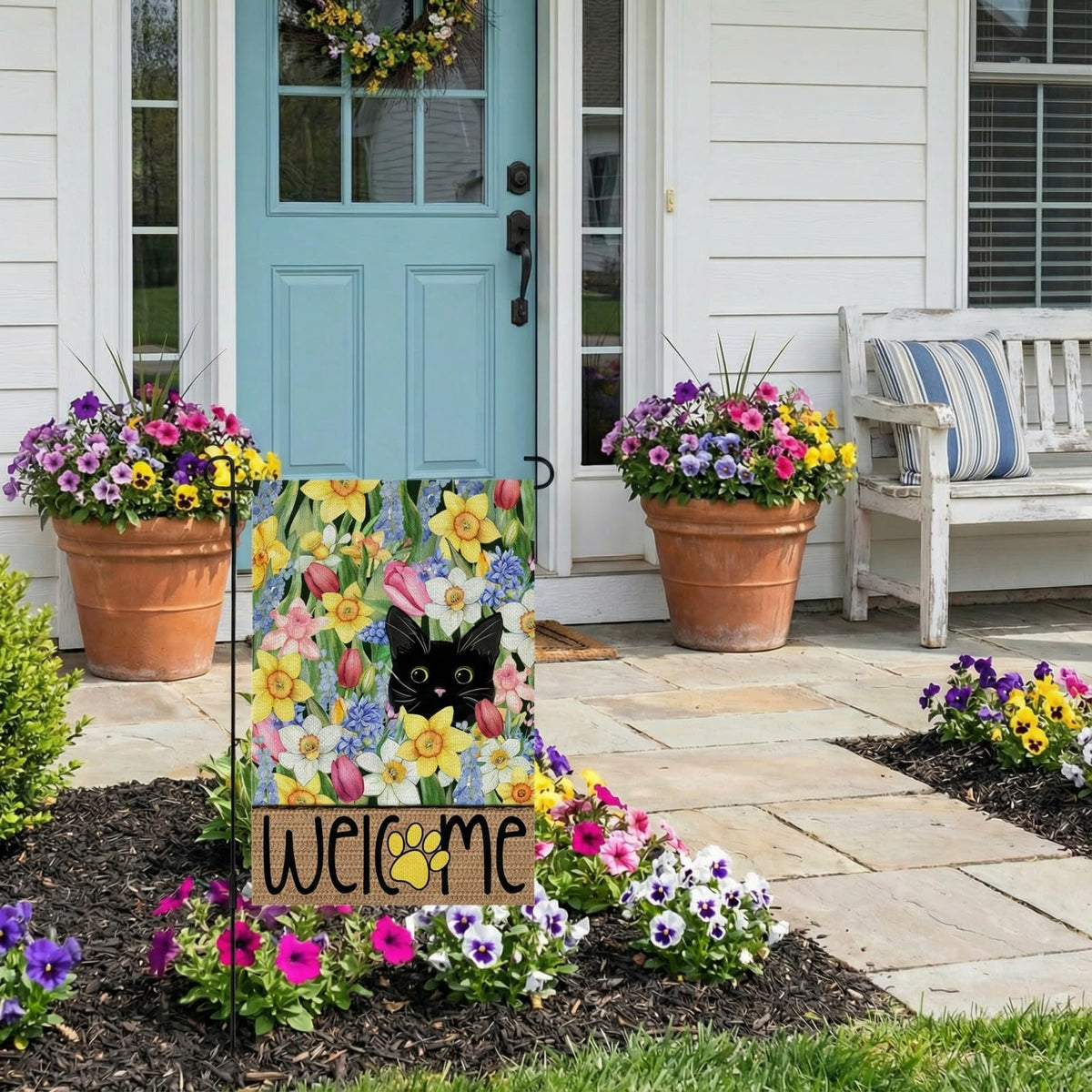 CROWNED BEAUTY flag features pastel welcome design for welcoming porches.