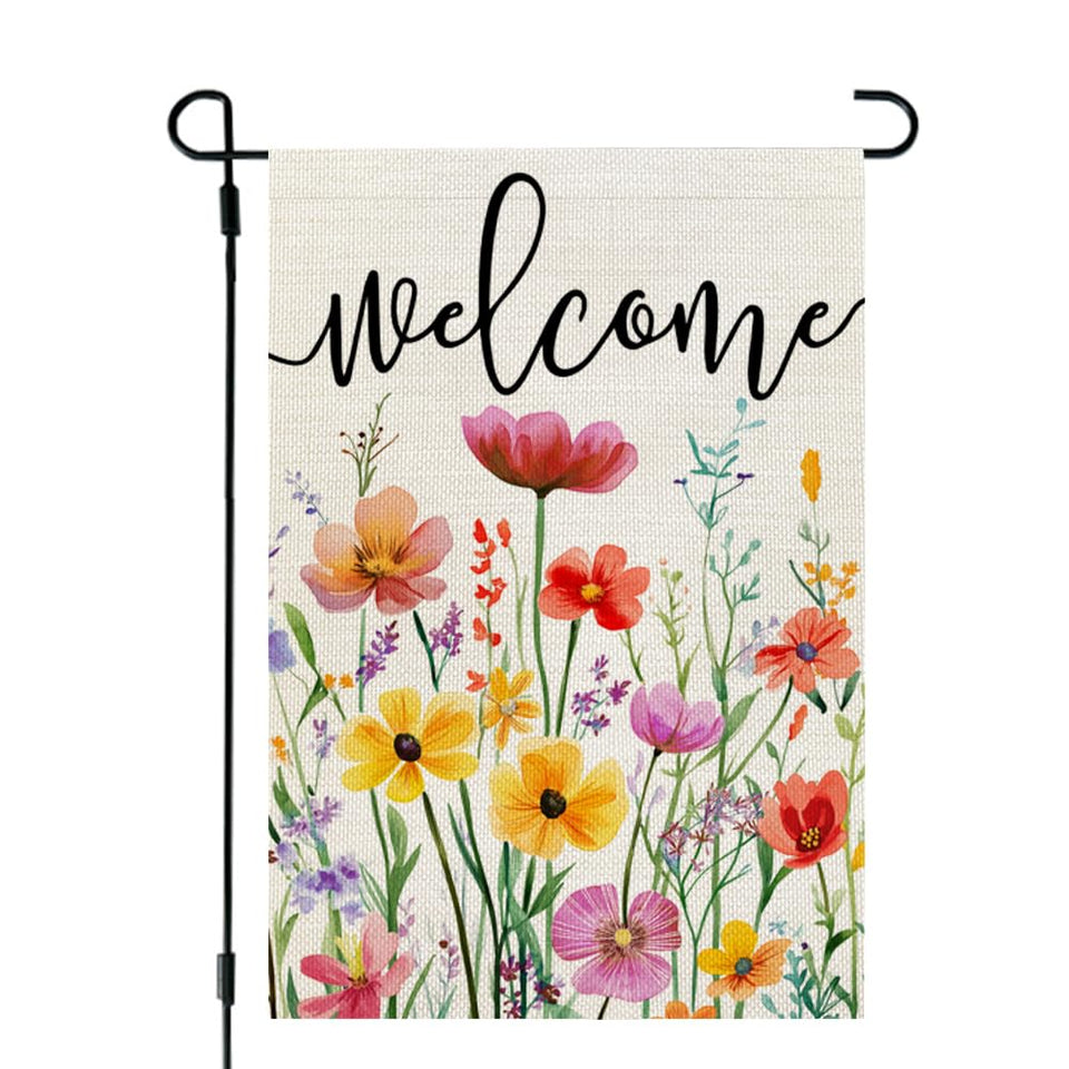 CROWNED BEAUTY spring garden flag with wildflowers, weather-resistant for outdoor use.