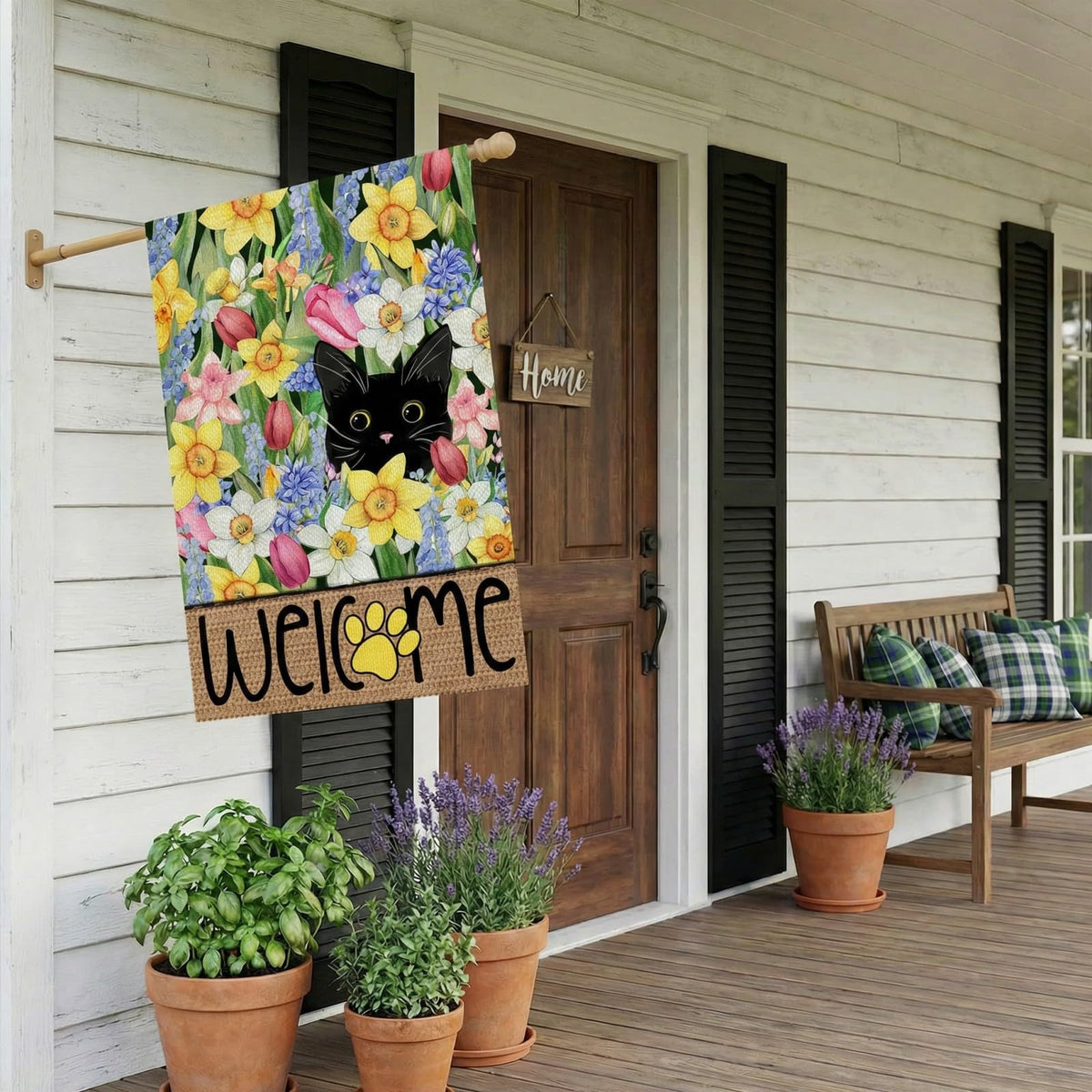 CROWNED BEAUTY spring-welcome yard flag creates inviting porch ambience.