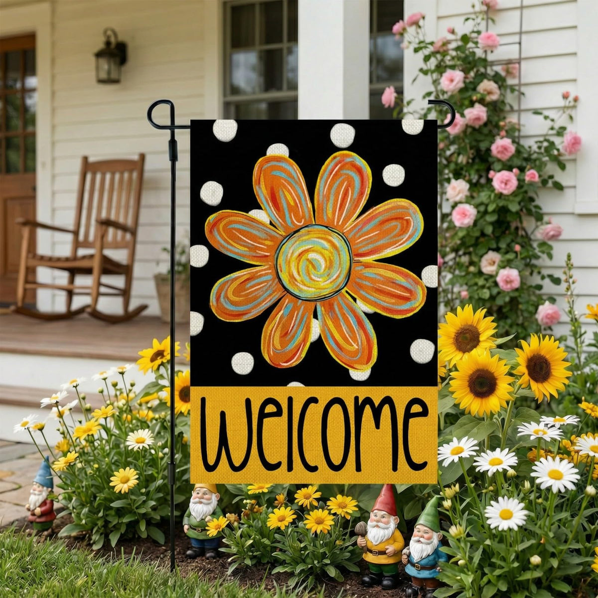 CROWNED BEAUTY polka-dot flag with bold floral design stands out in sunny yards and welcomes guests.