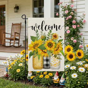 CROWNED BEAUTY sunflower mason jar flag back view, double-sided visibility.
