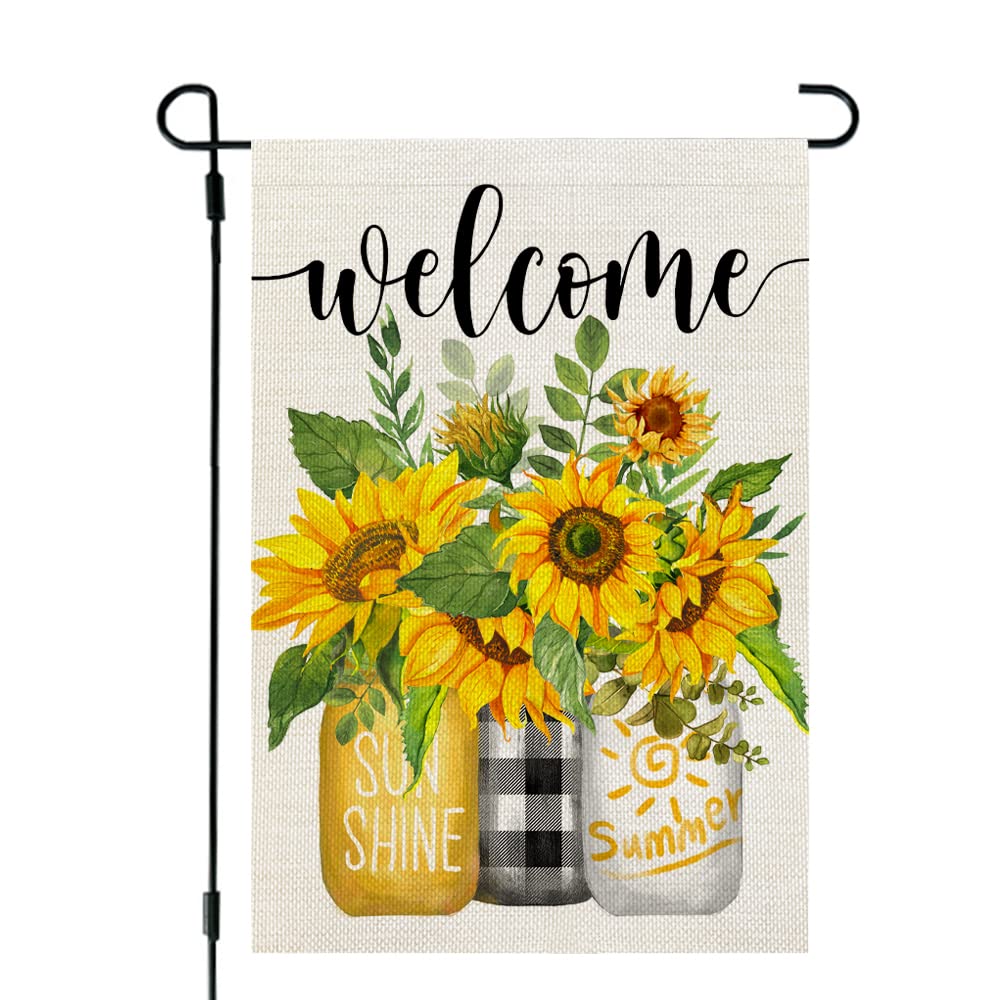 CROWNED BEAUTY sunflower mason jar flag front view, welcoming outdoor space.