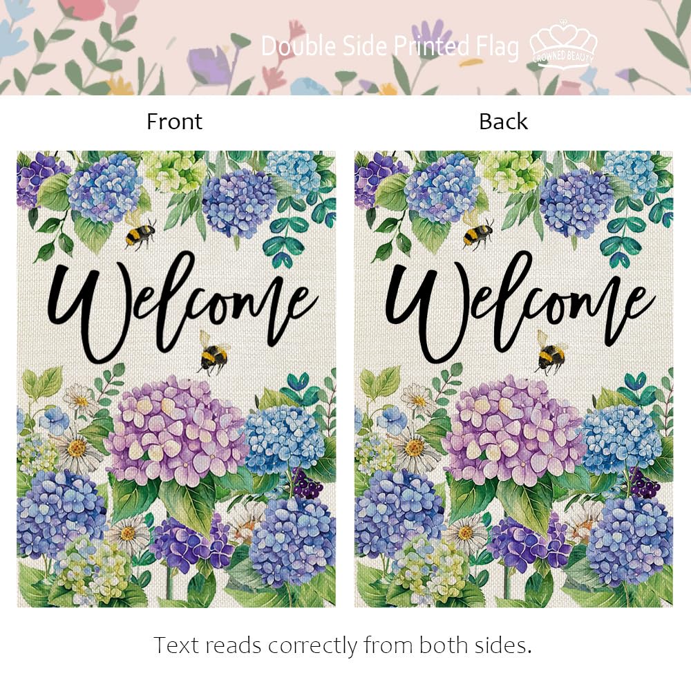 CROWNED BEAUTY flag on yard garden view with welcoming florals
