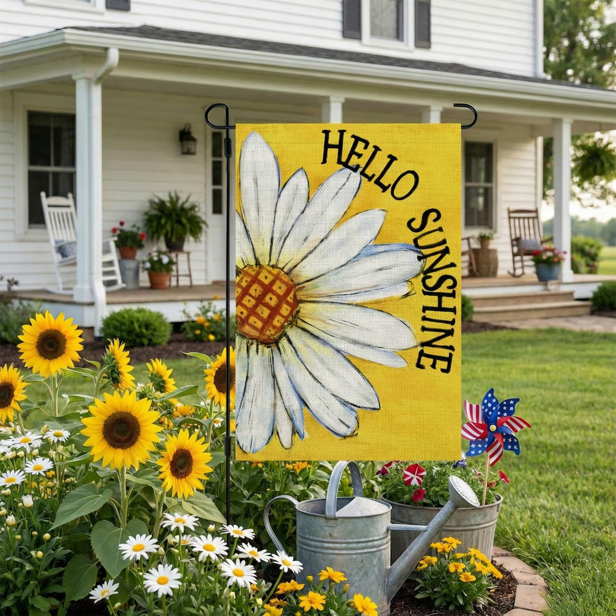 CROWNED BEAUTY Yellow Daisy Flag with Hello Sunshine, boosts curb appeal on porches.