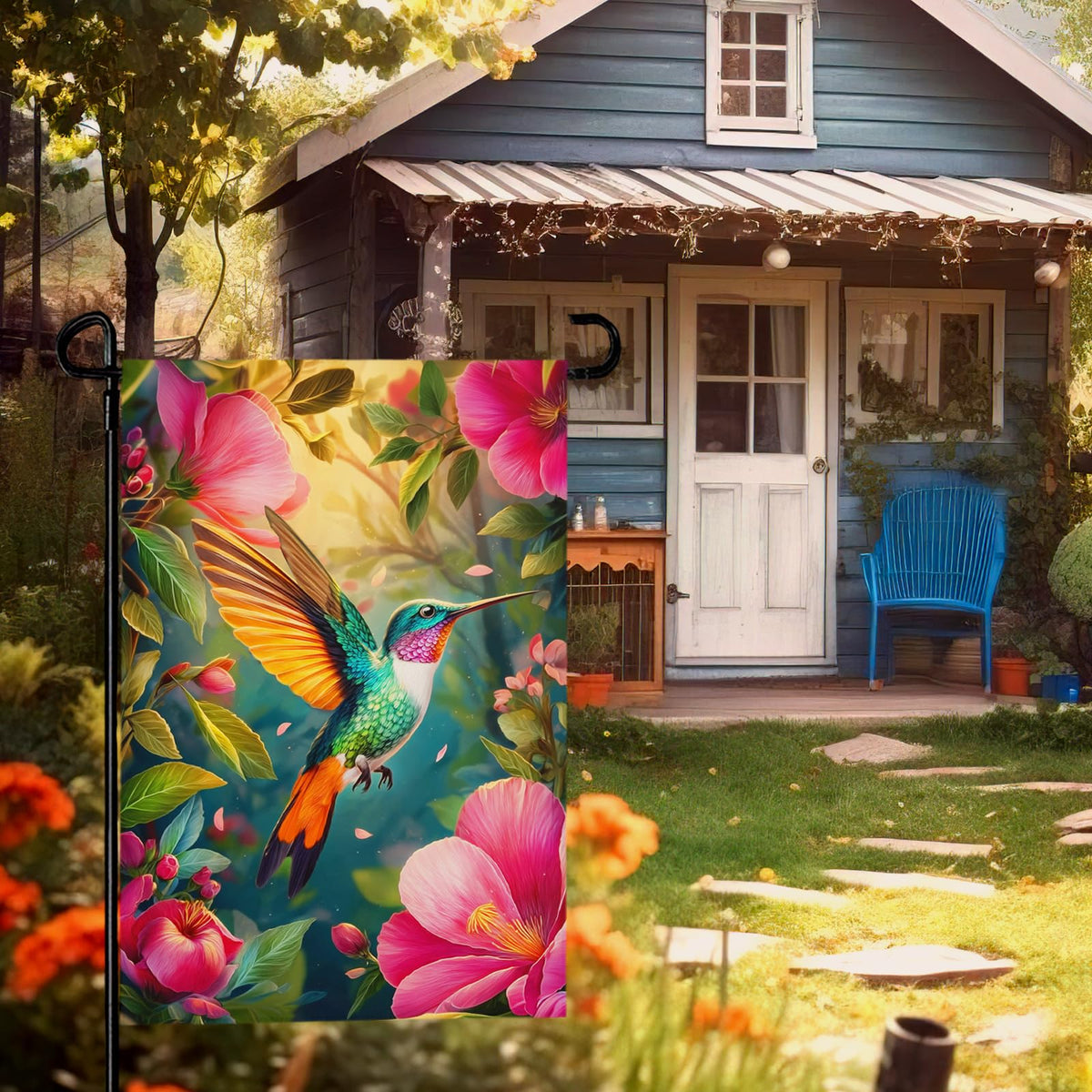 Cryfox pink-flowers garden flag brings seasonal charm to patios and lawns.