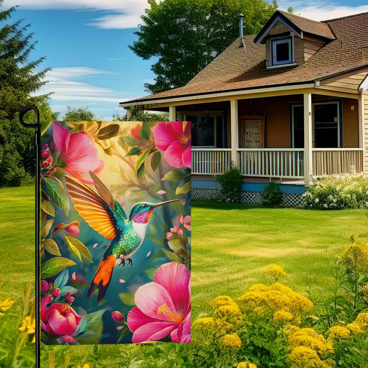 Cryfox veranda decor flag enhances curb appeal during spring and summer.