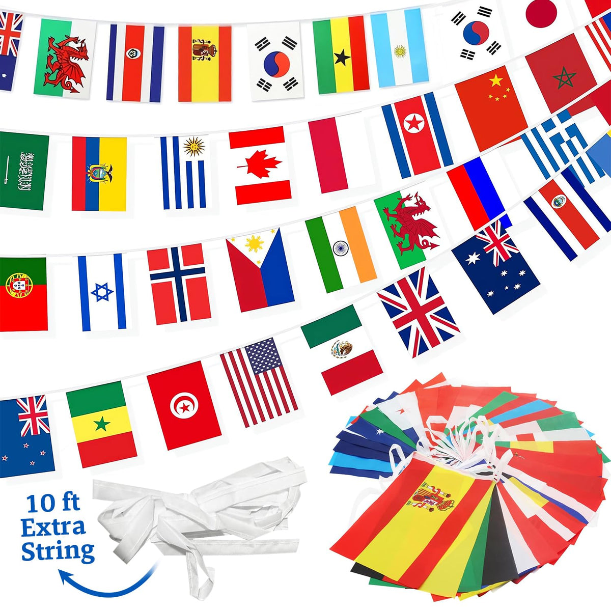 CrysGuard 100-country flags banner wide shot for vibrant global décor indoors or outdoors.