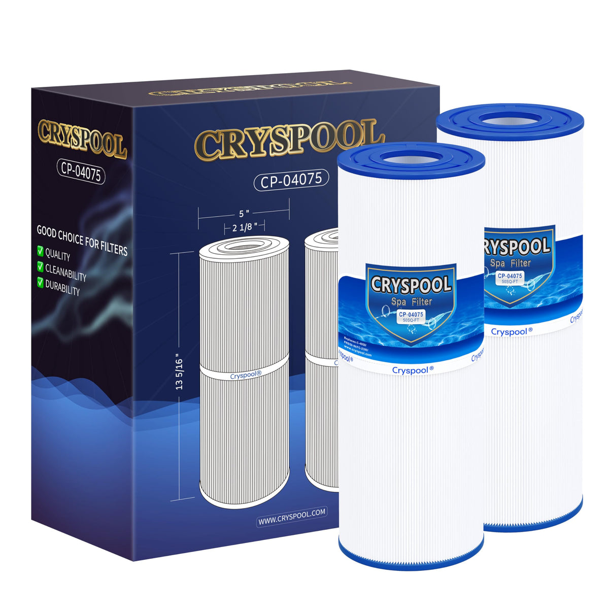 Cryspool 04075 filter outer view shows sturdy housing for spa filtration