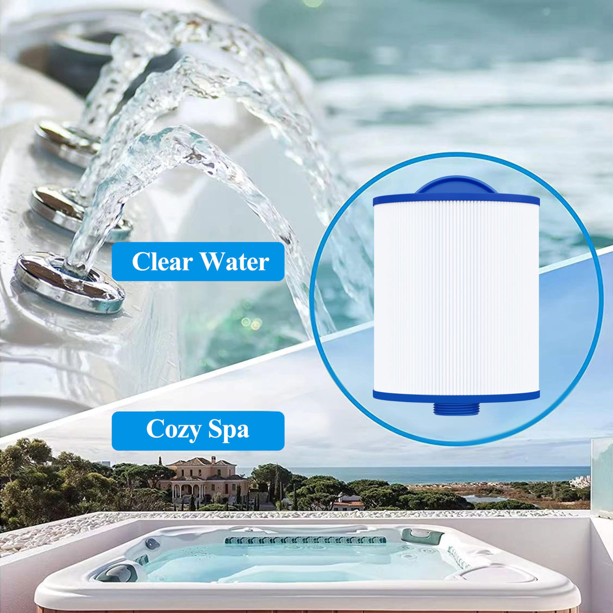 Cryspool 06045 filter in spa setup illustrating clean water flow