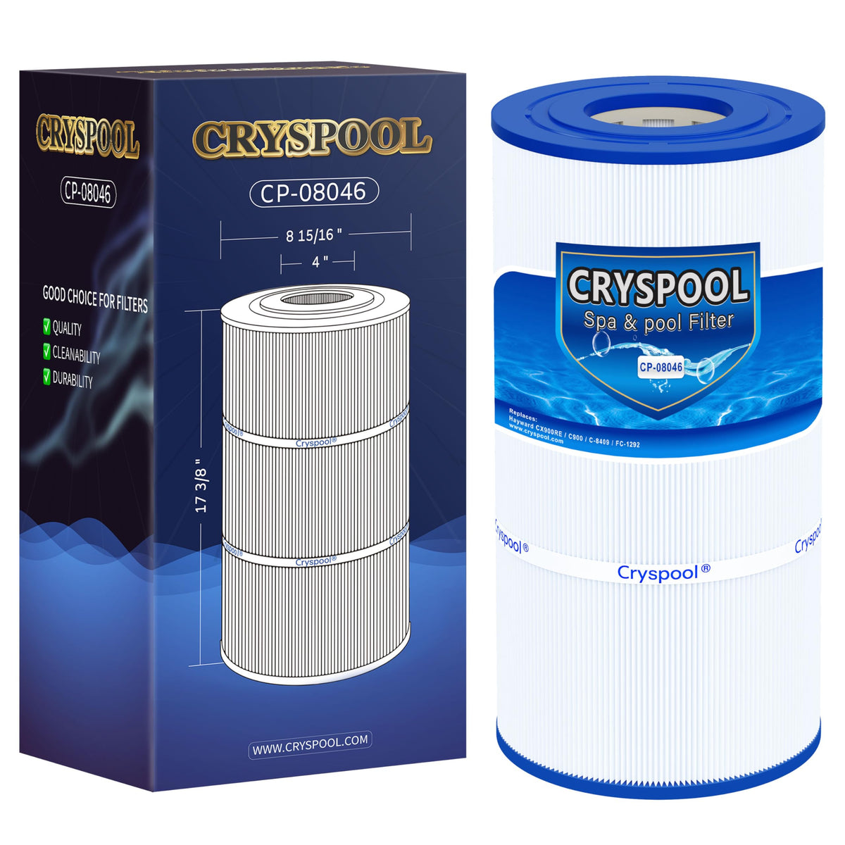 Cryspool 08046 filter side view shows compact profile and fit with Hayward units