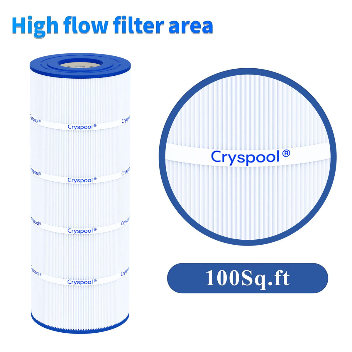 Cryspool 100-sq-ft filtration area supports efficient pool circulation.