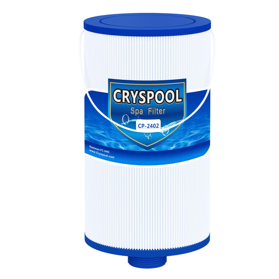 Cryspool 2402 filter close-up shows trilobal fibers for efficient spa filtration.