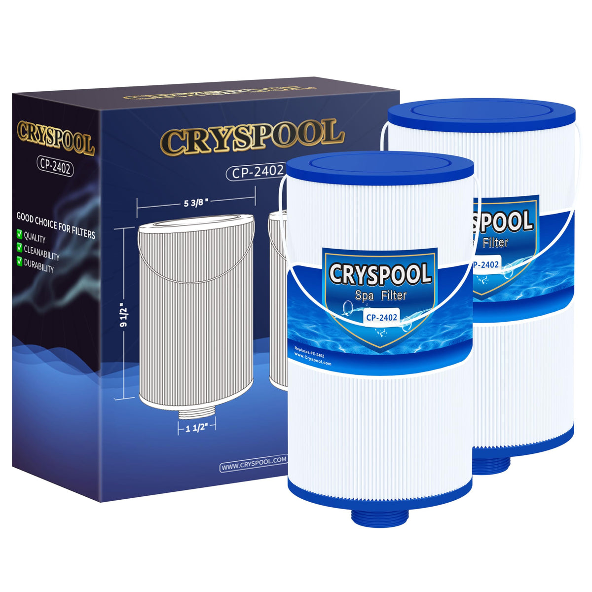 Cryspool 2402 filter outer dimensions indicate precise spa cartridge fit.