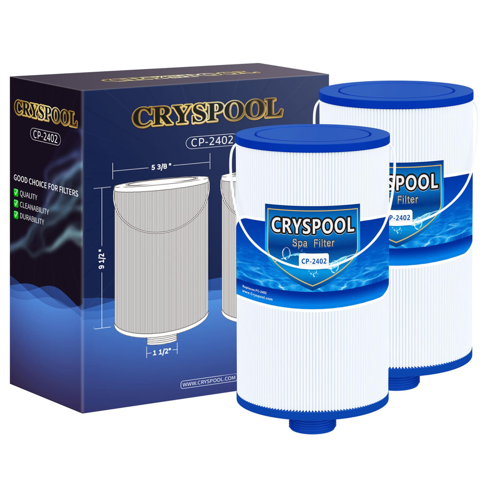 Cryspool 2402 filter outer dimensions indicate precise spa cartridge fit.