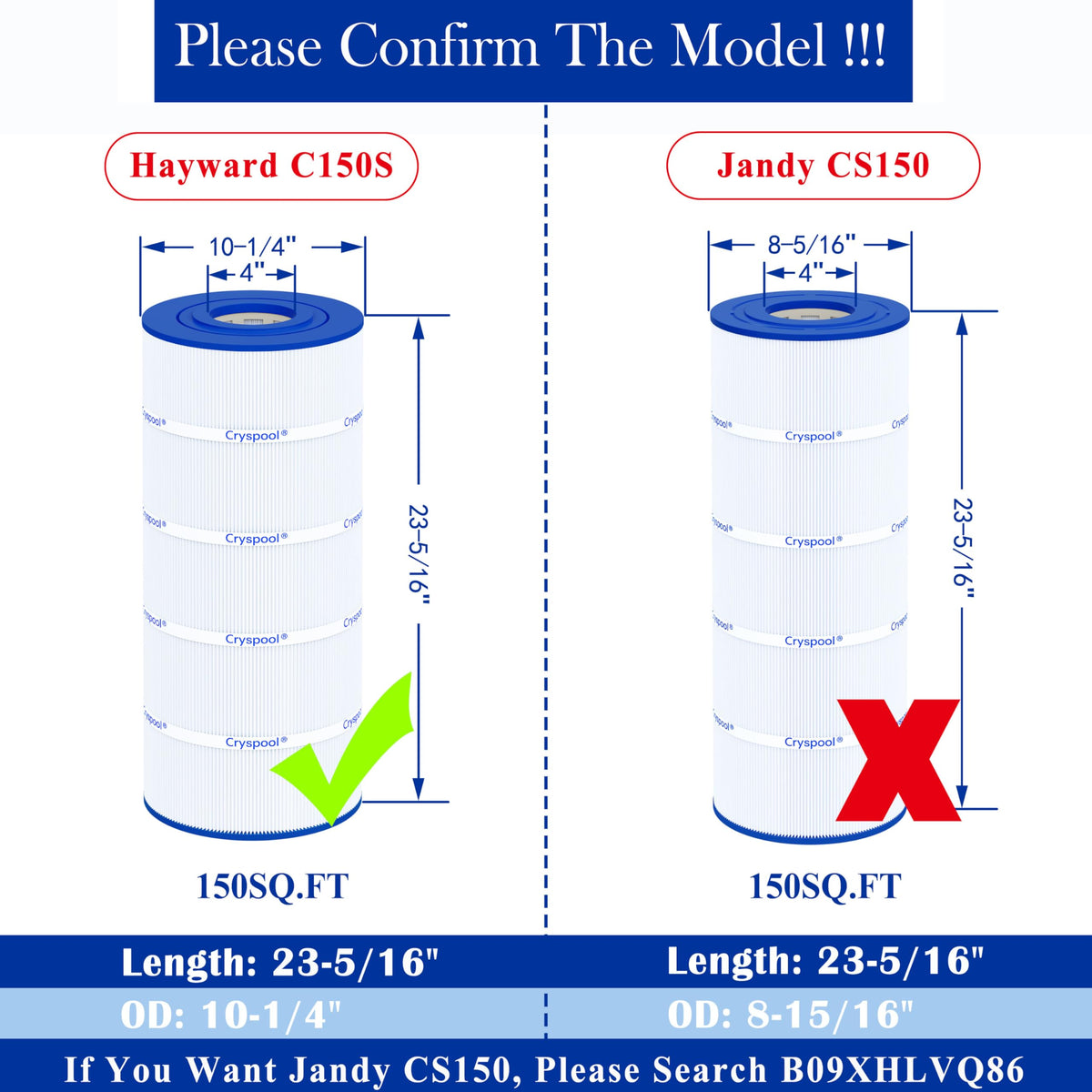 Cryspool C150S compatible-models image illustrates easy replacement across pool systems.