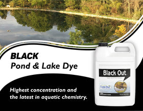 Crystal Blue Black Out Lake Dye in water showing deep black color for ponds