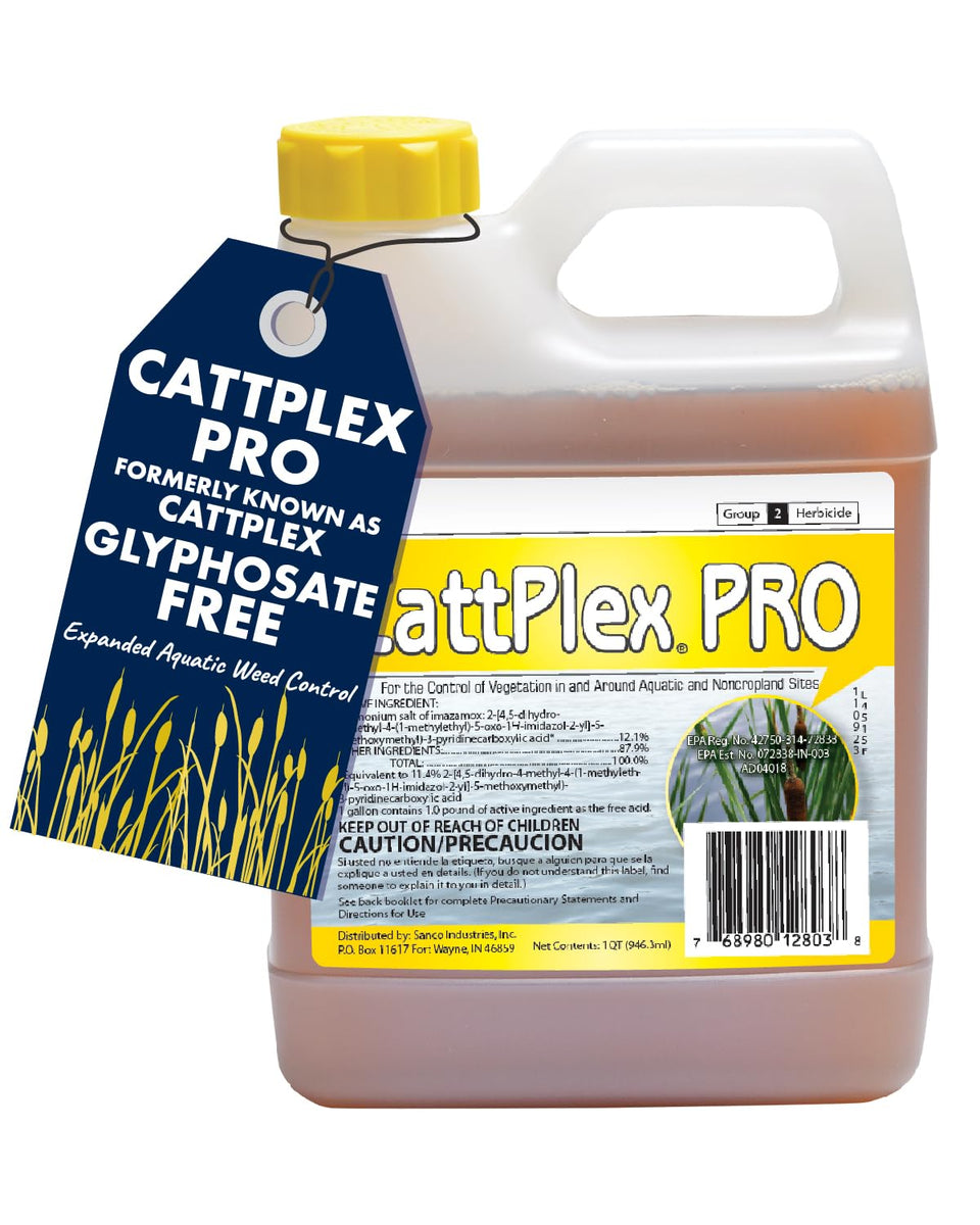 Crystal Blue CattPlex Pro bottle showing targeted aquatic weed control in action.