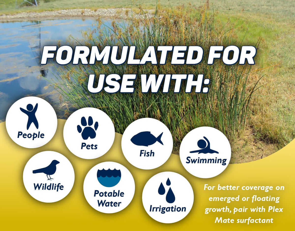 Crystal Blue CattPlex Pro floating weeds image emphasizes effective control options.